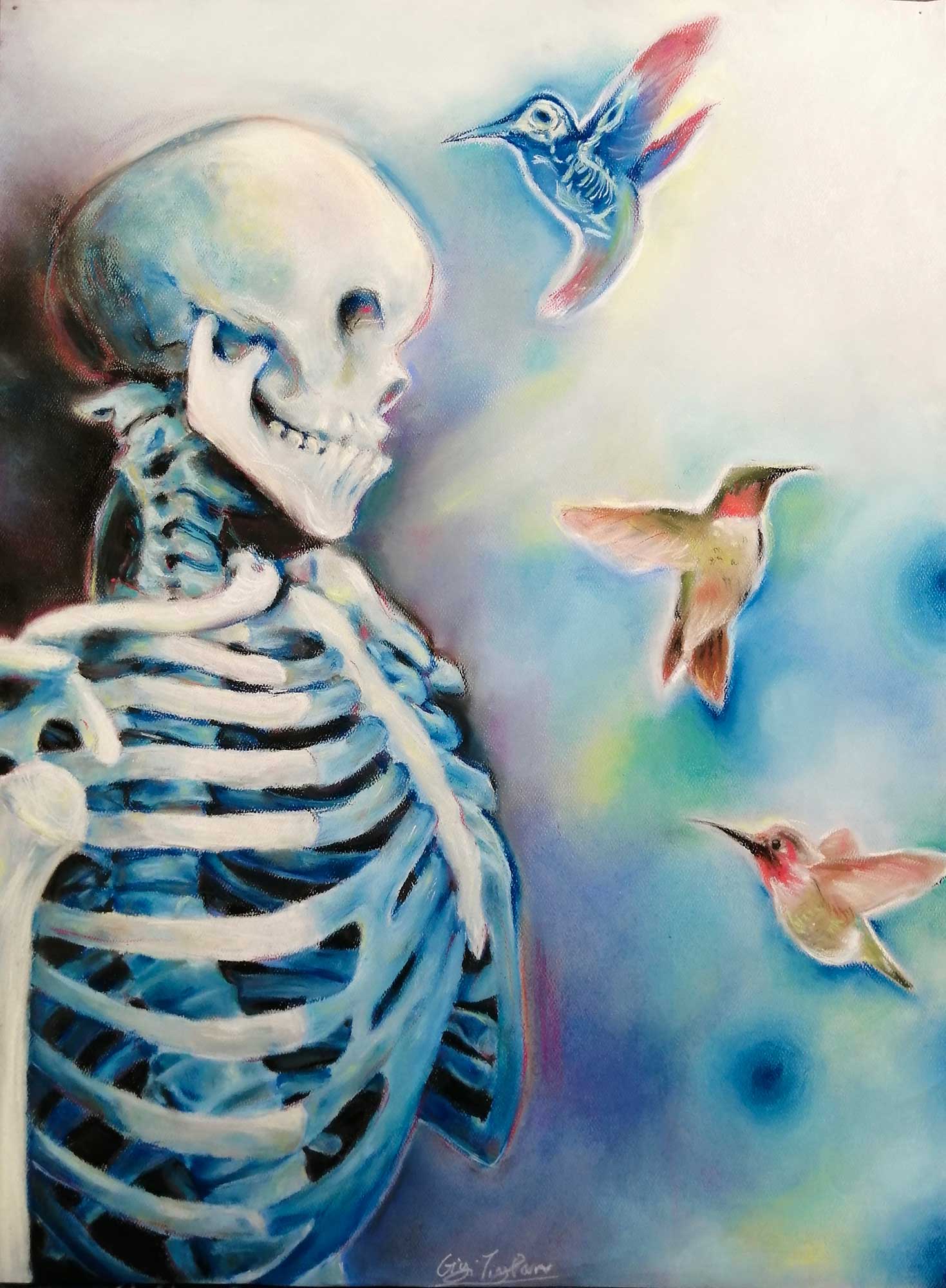 A charcoal pastel drawing of a skeleton with hummingbirds