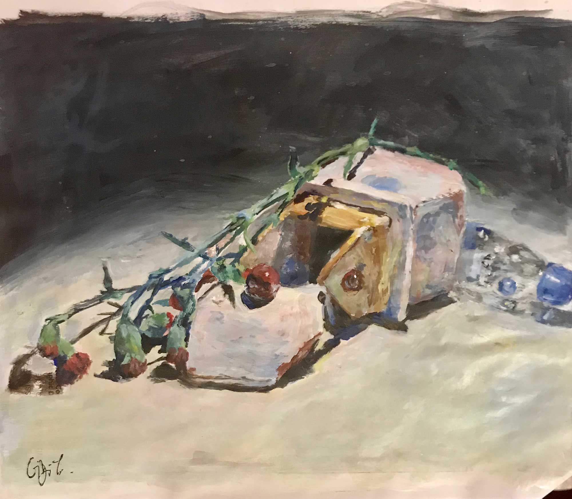 A painting of a fallen object