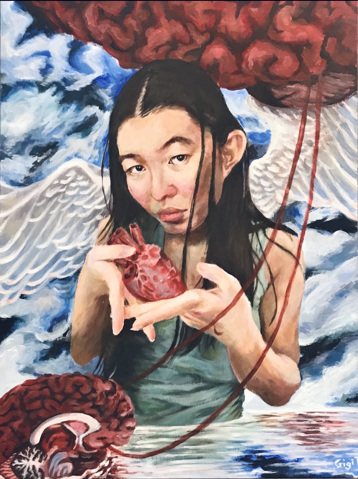 A painting of a young woman with a heart