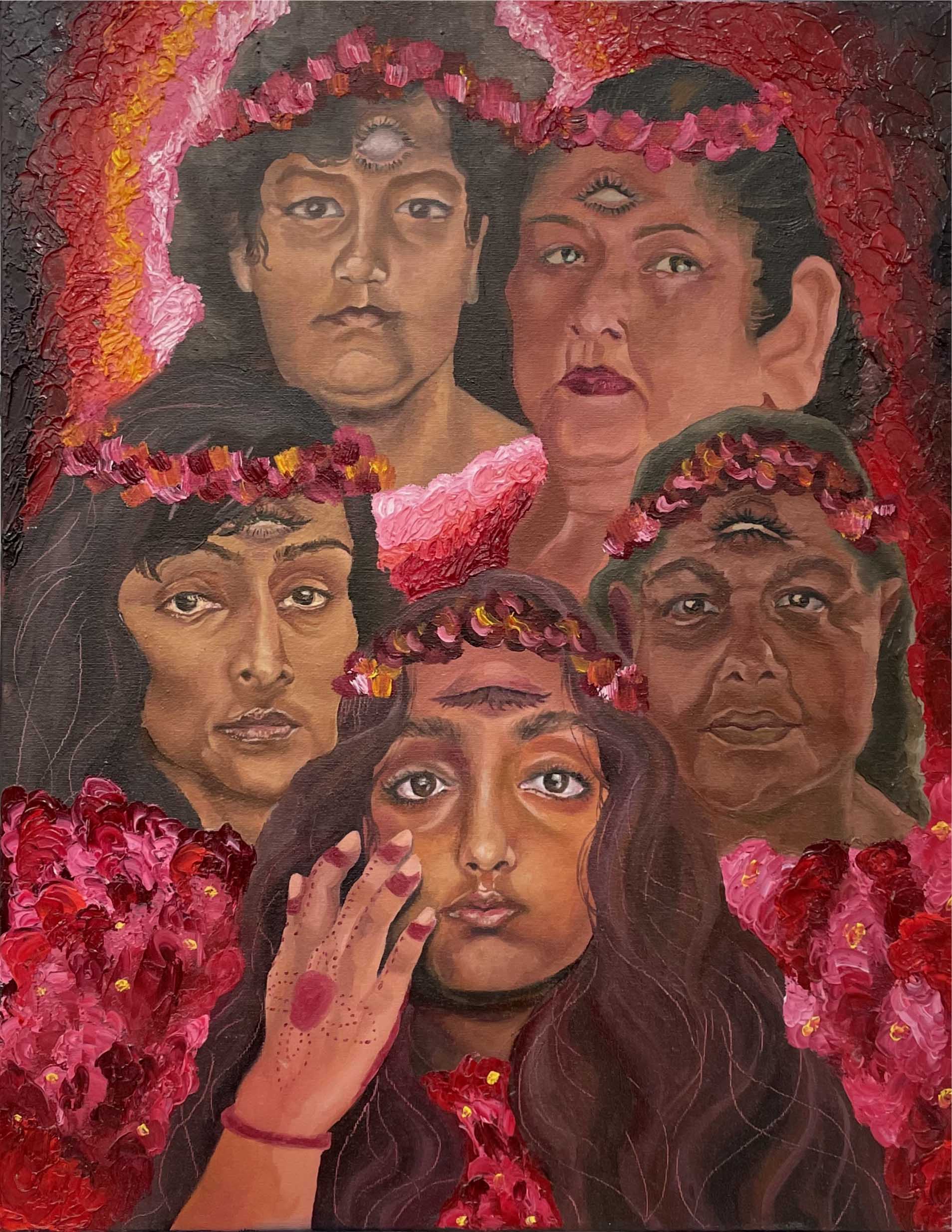 A painting of five women, each having a third eye