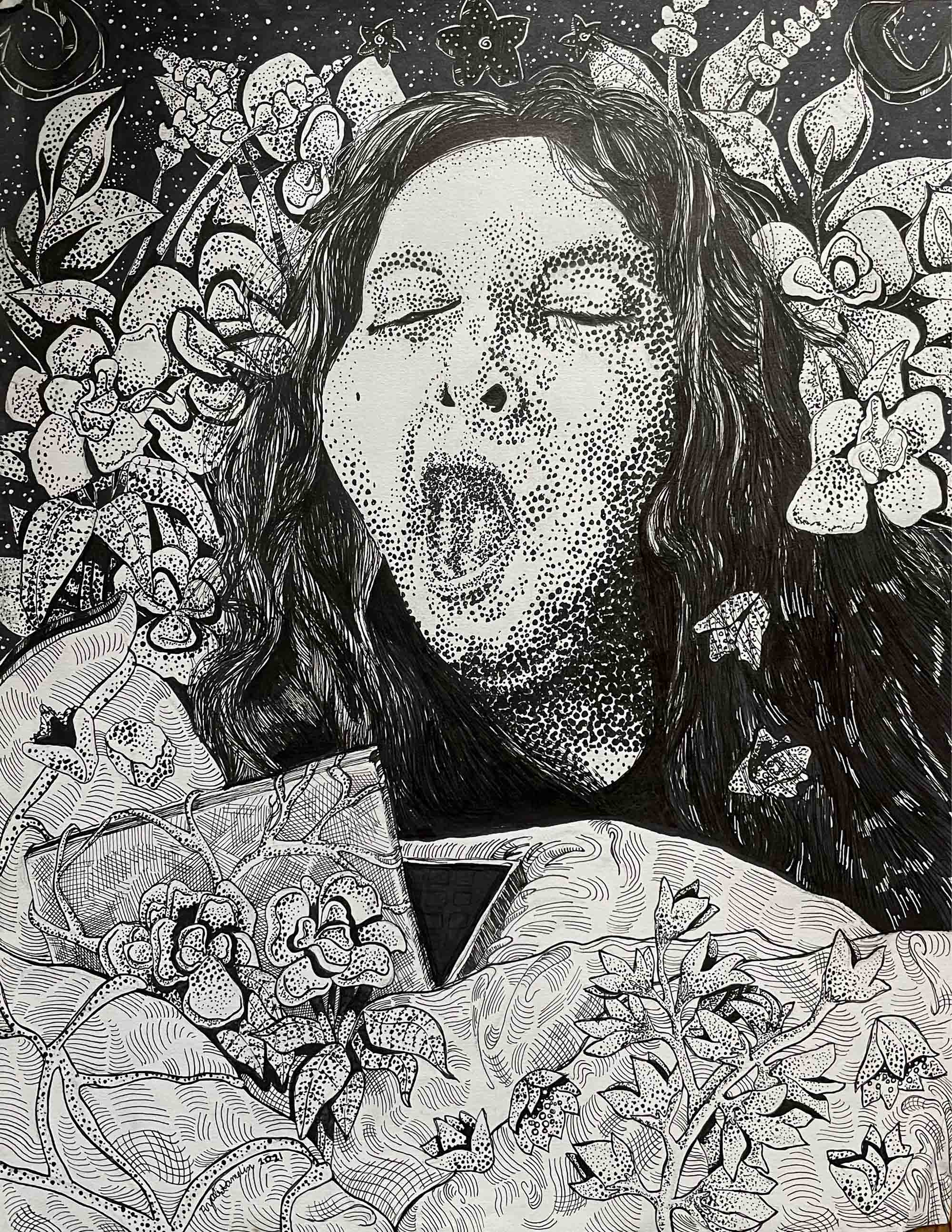 A drawing of a girl yawning