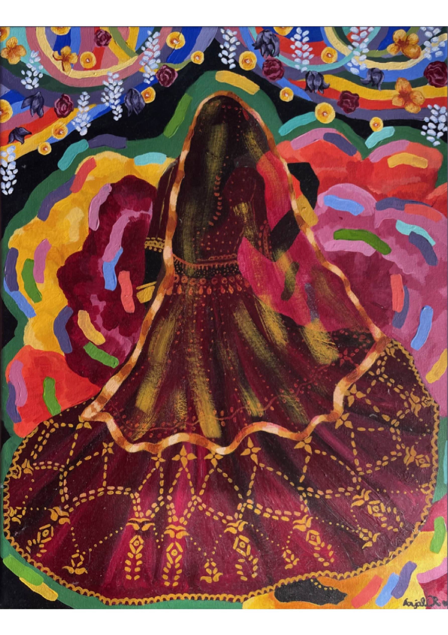 An abstract painting of a woman in a decorative gown