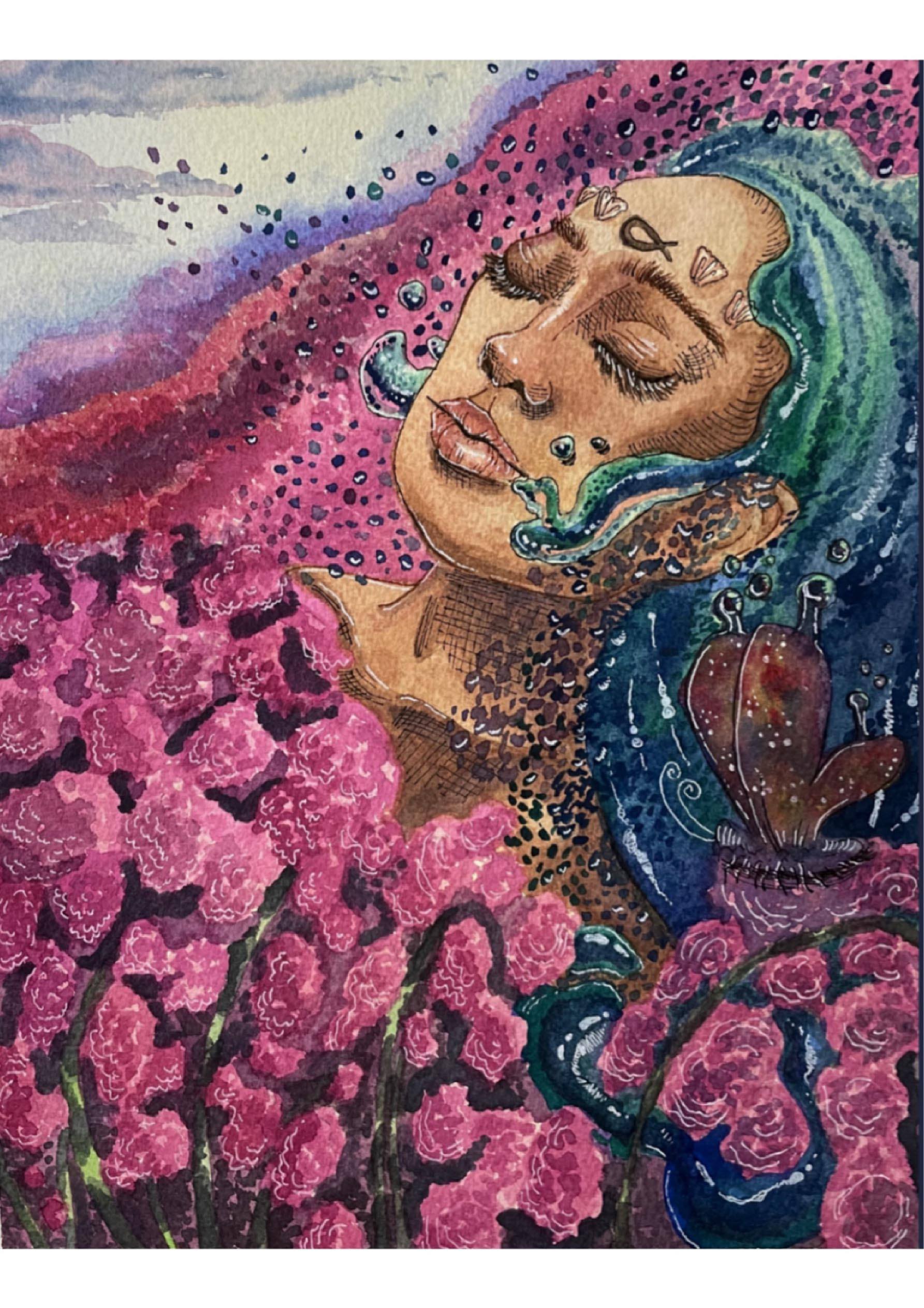 A portrait of a woman in a sea of flowers