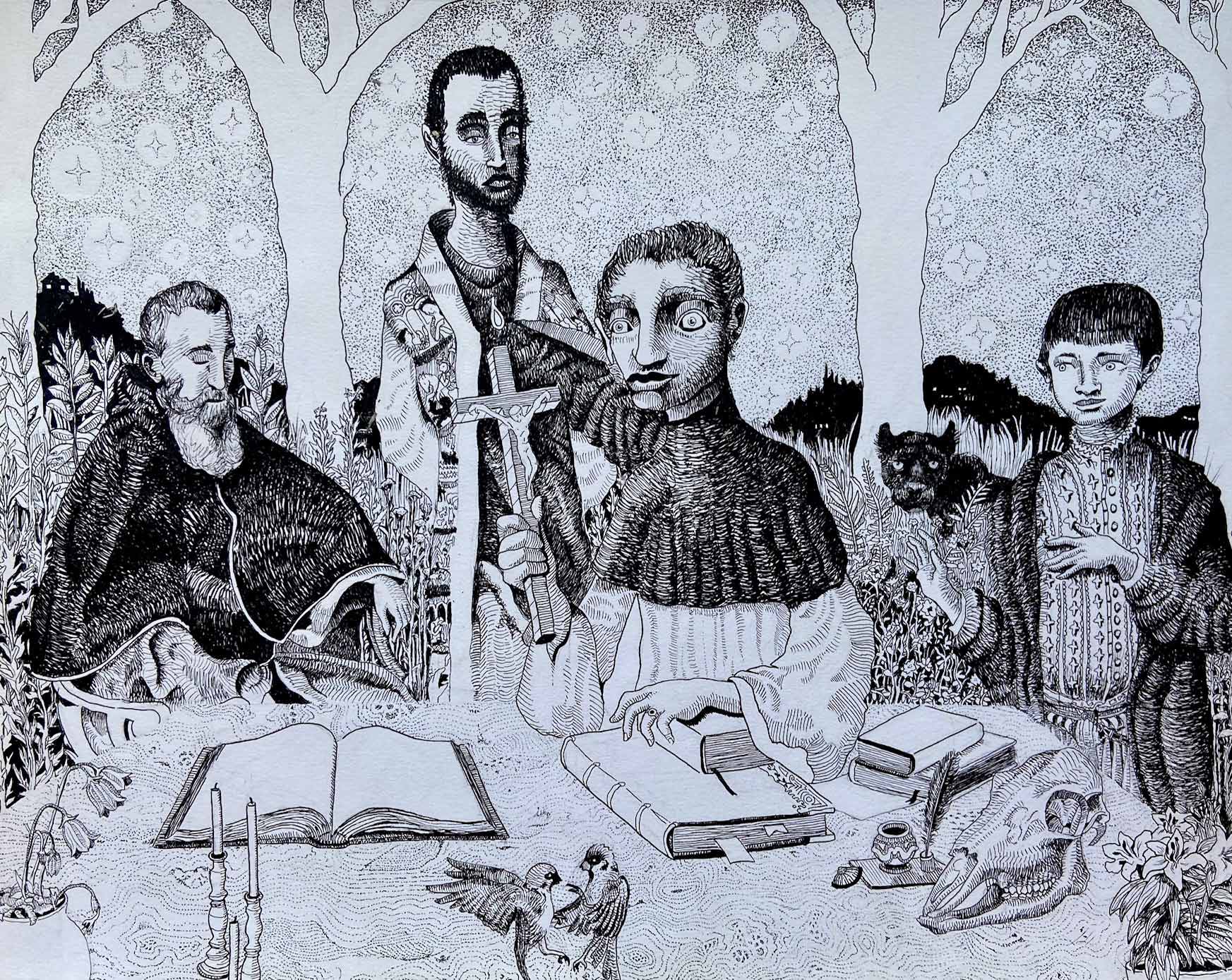 a drawing of four men at a table