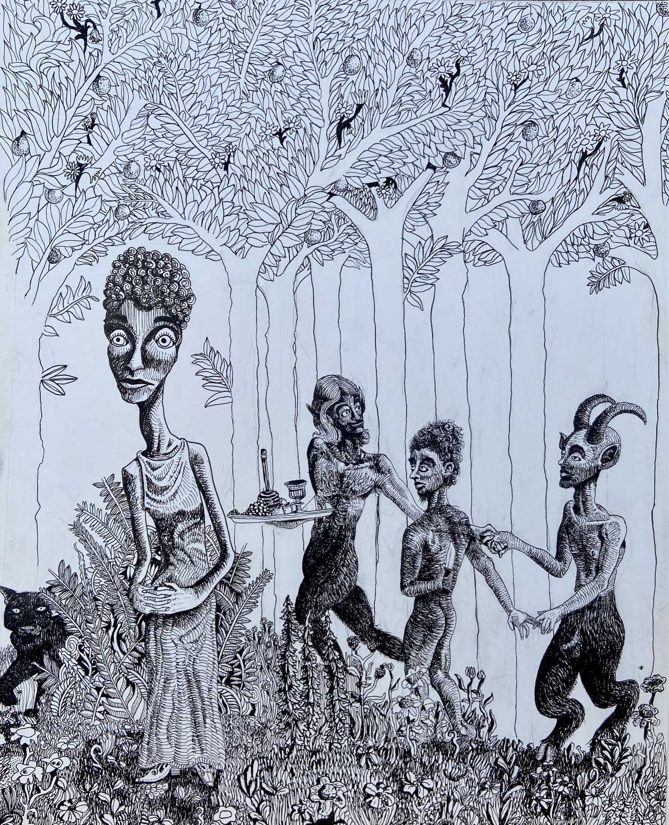 A drawing of four figures in a garden