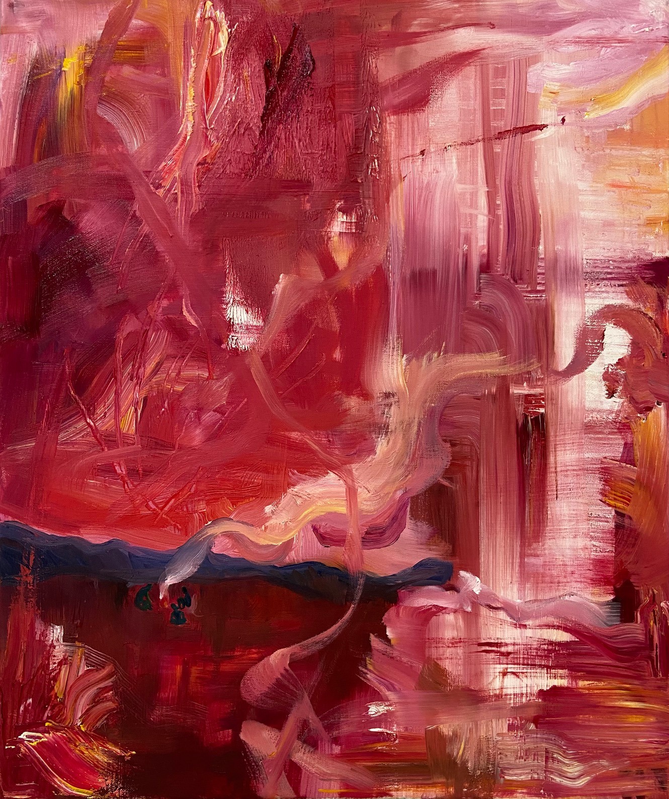 An abstract painting in red and pink