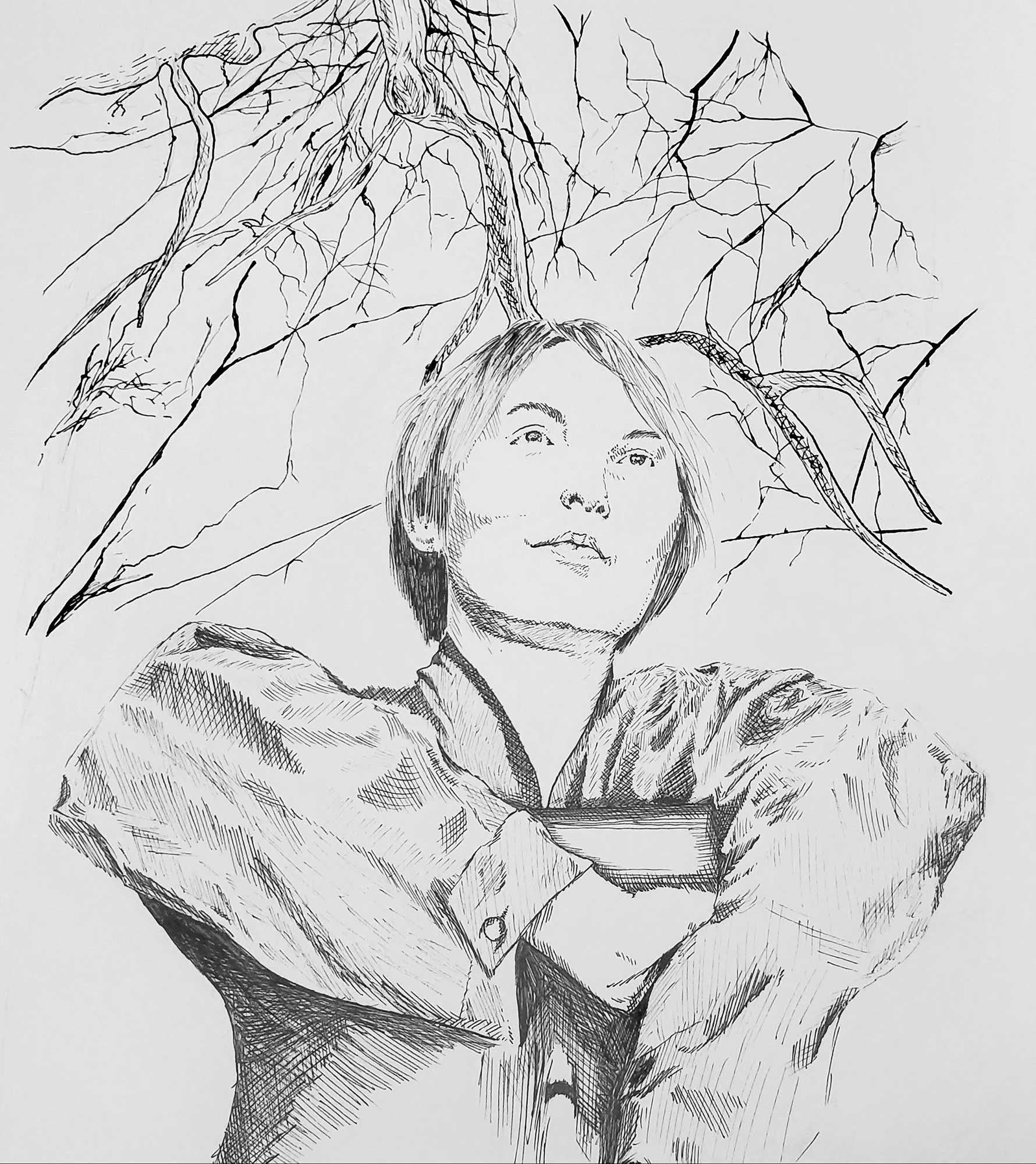 A drawing of a person with a tree