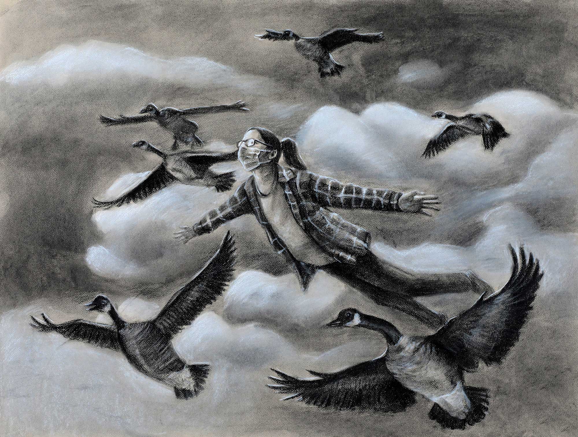 A charcoal drawing of a girl flying with geese