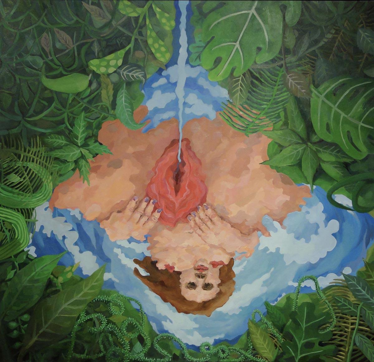 A painting of a nude woman seeing her reflection
