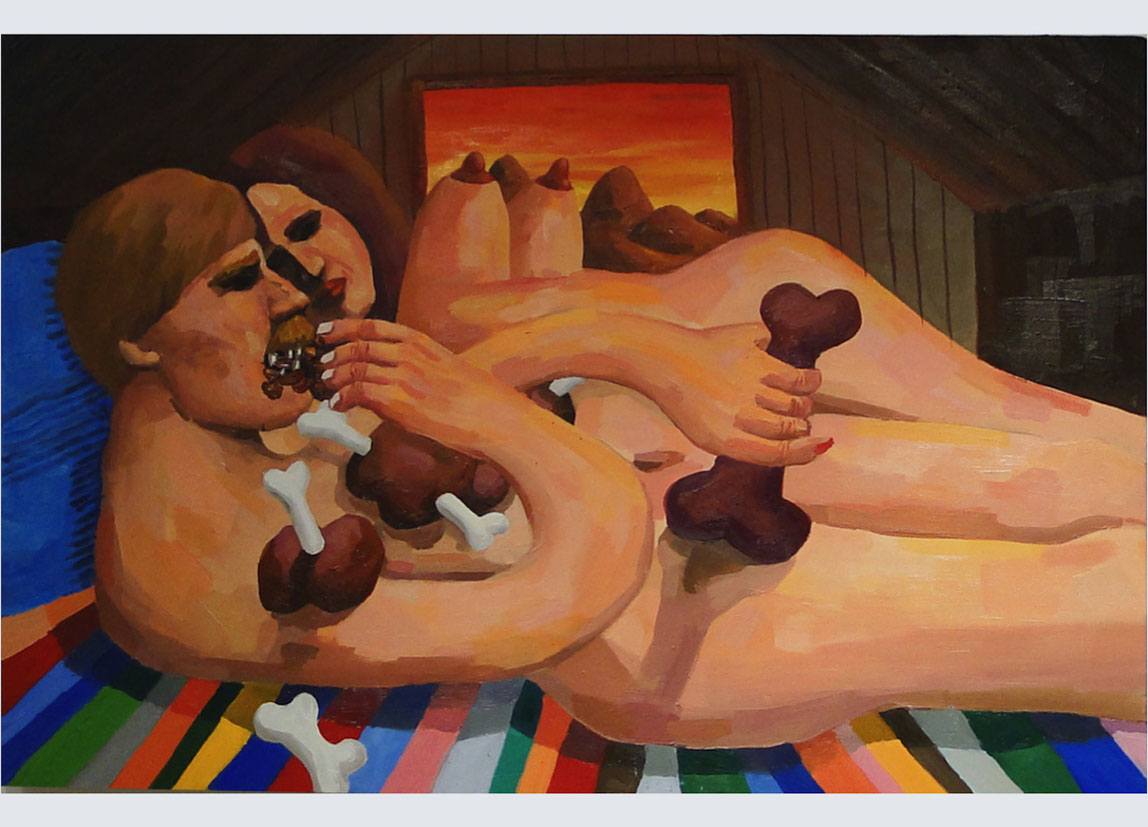 A painting of two nude figures eating