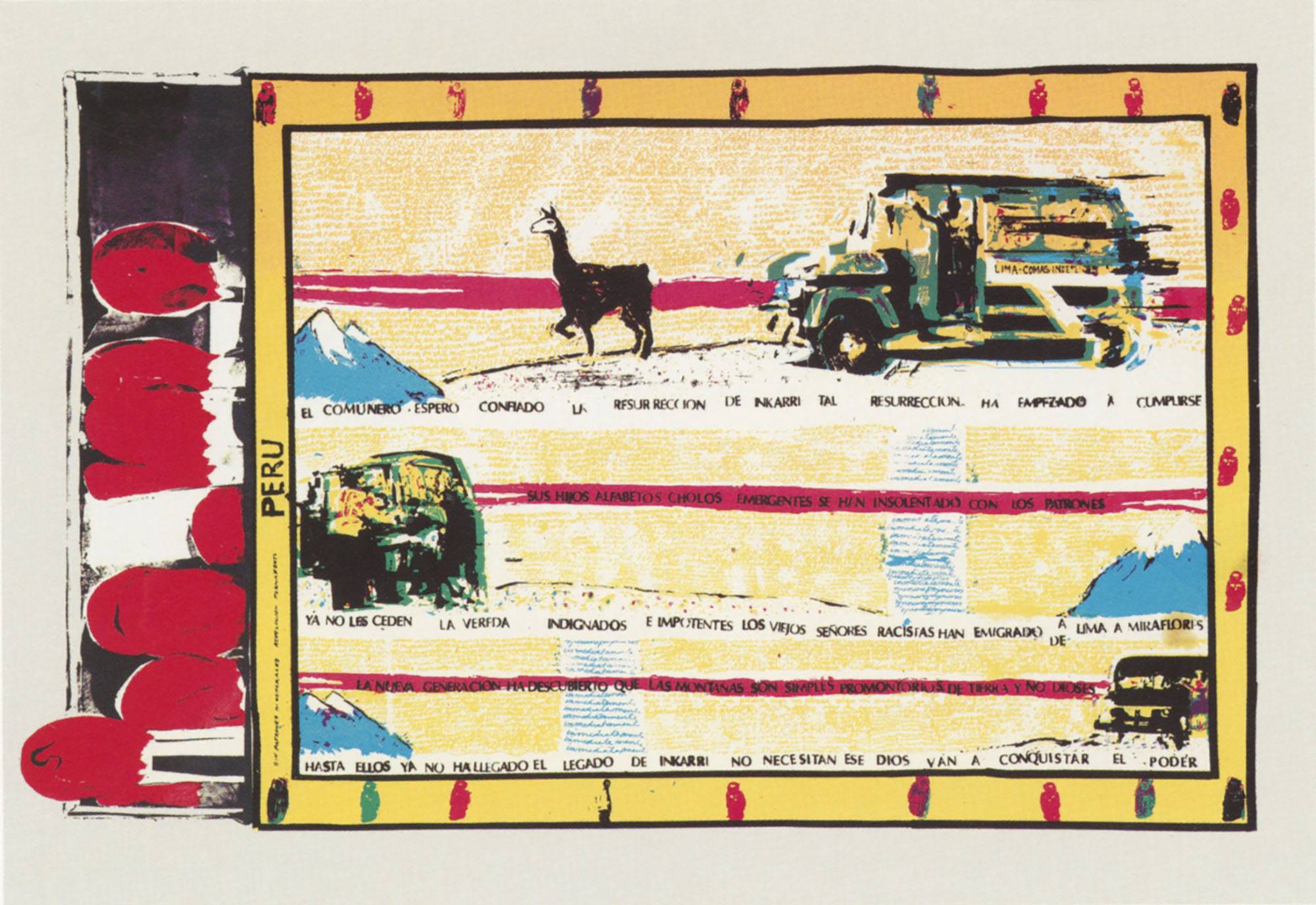 A yellow silkscreen print with images of the desert