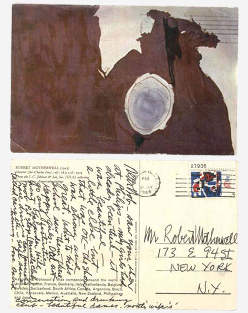 A postcard with a brown Robert Motherwell painting on its front