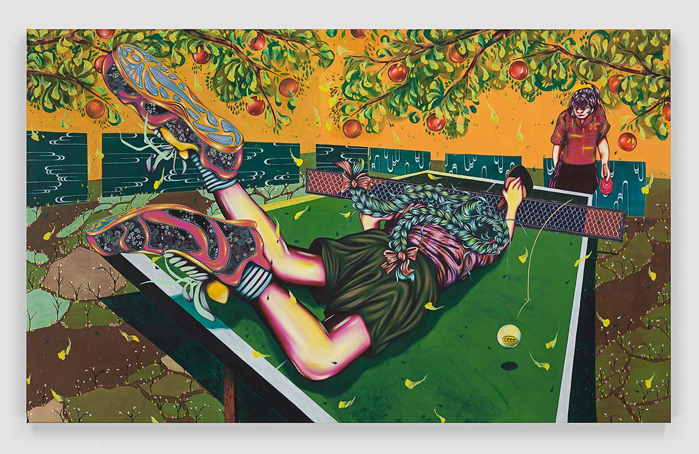 a painting of a person diving onto a ping pong table