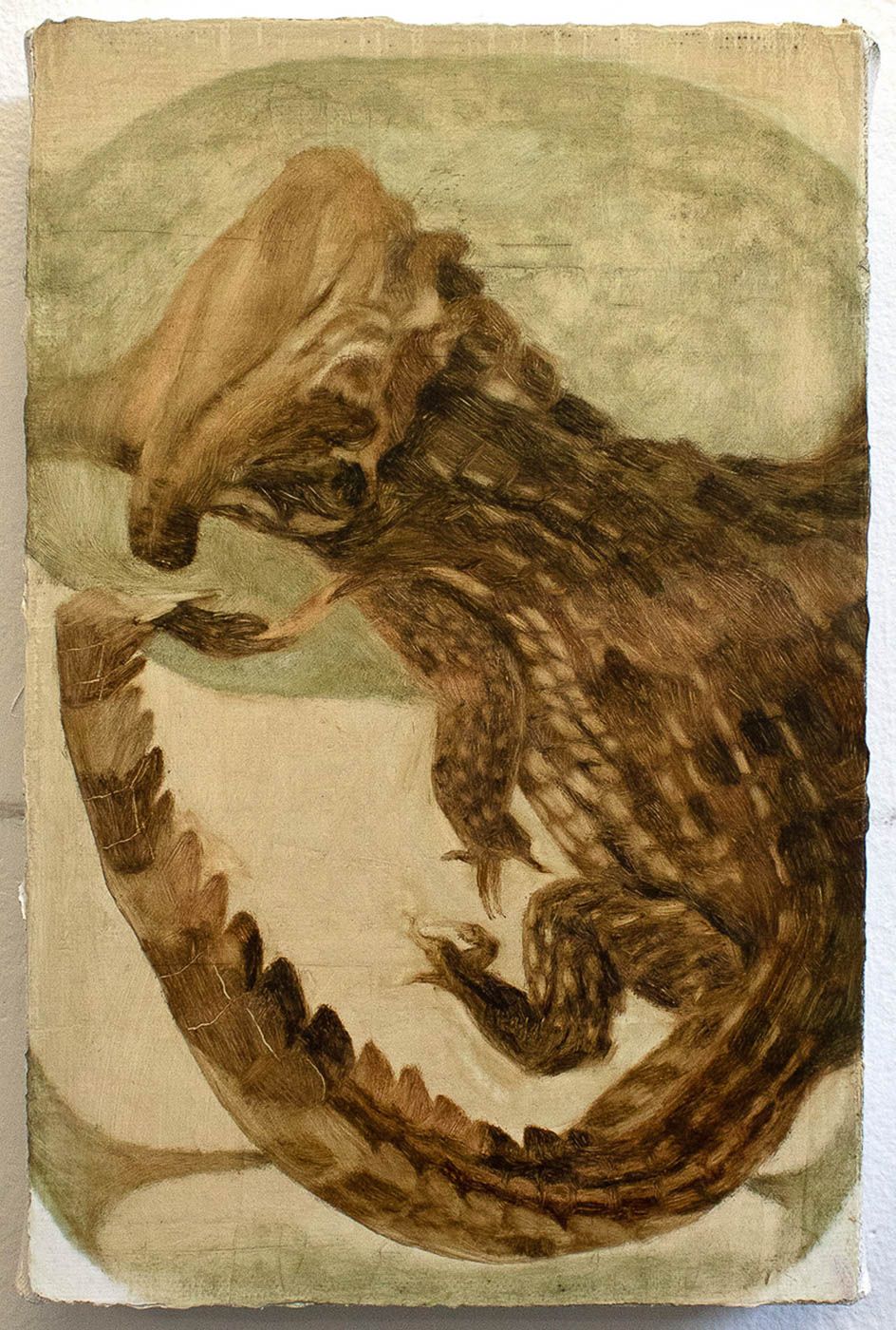 a painting of a crocodile specimen in a jar