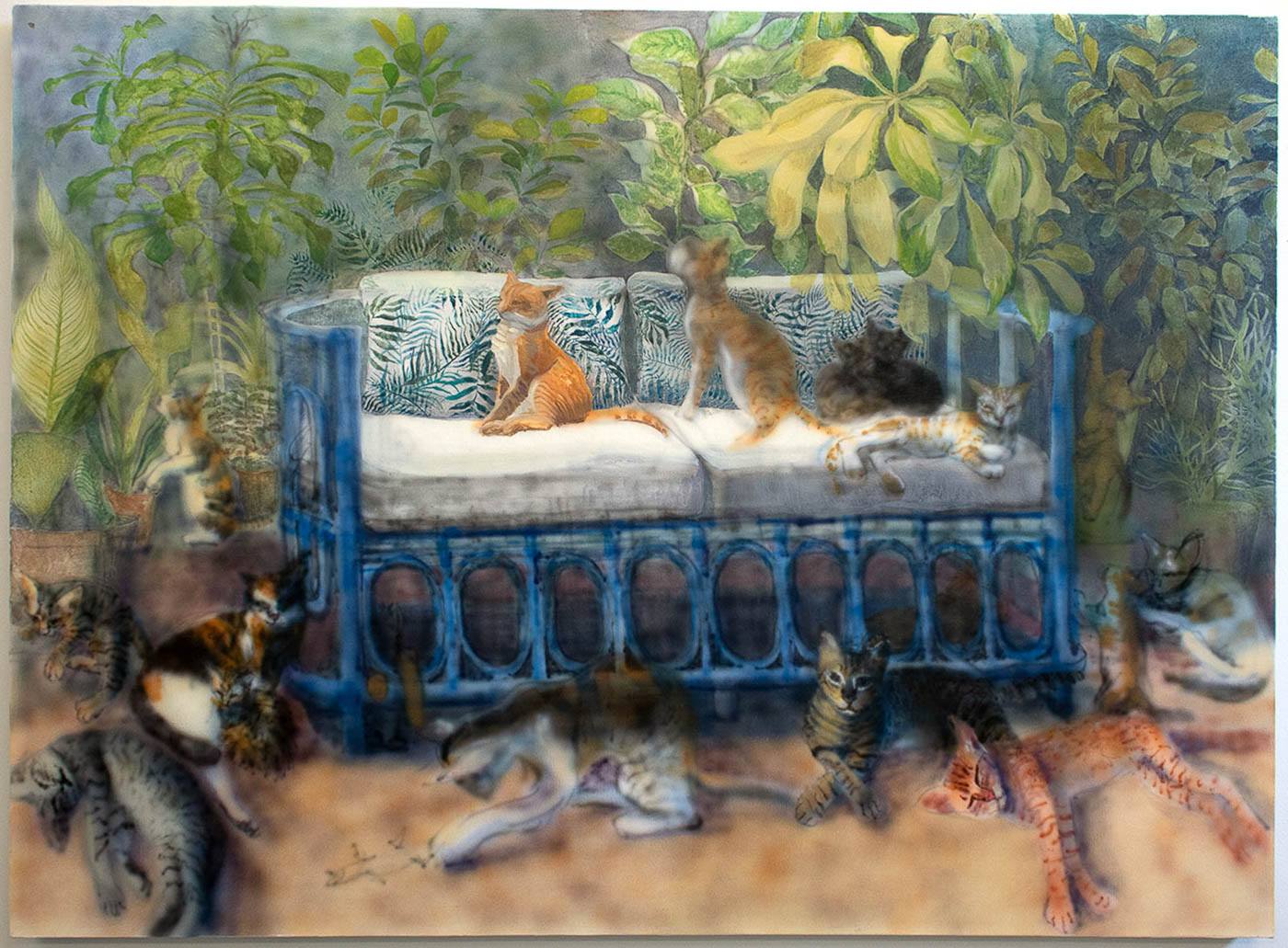 A painting of cats on and around a couch in a botanical setting