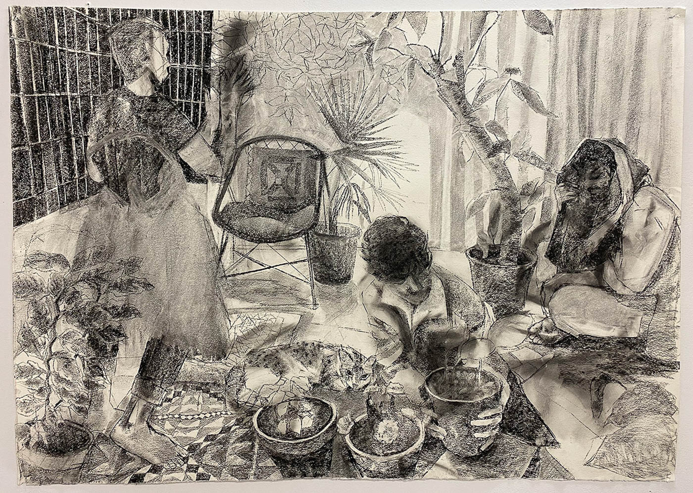a charcoal drawing of three figures in a home