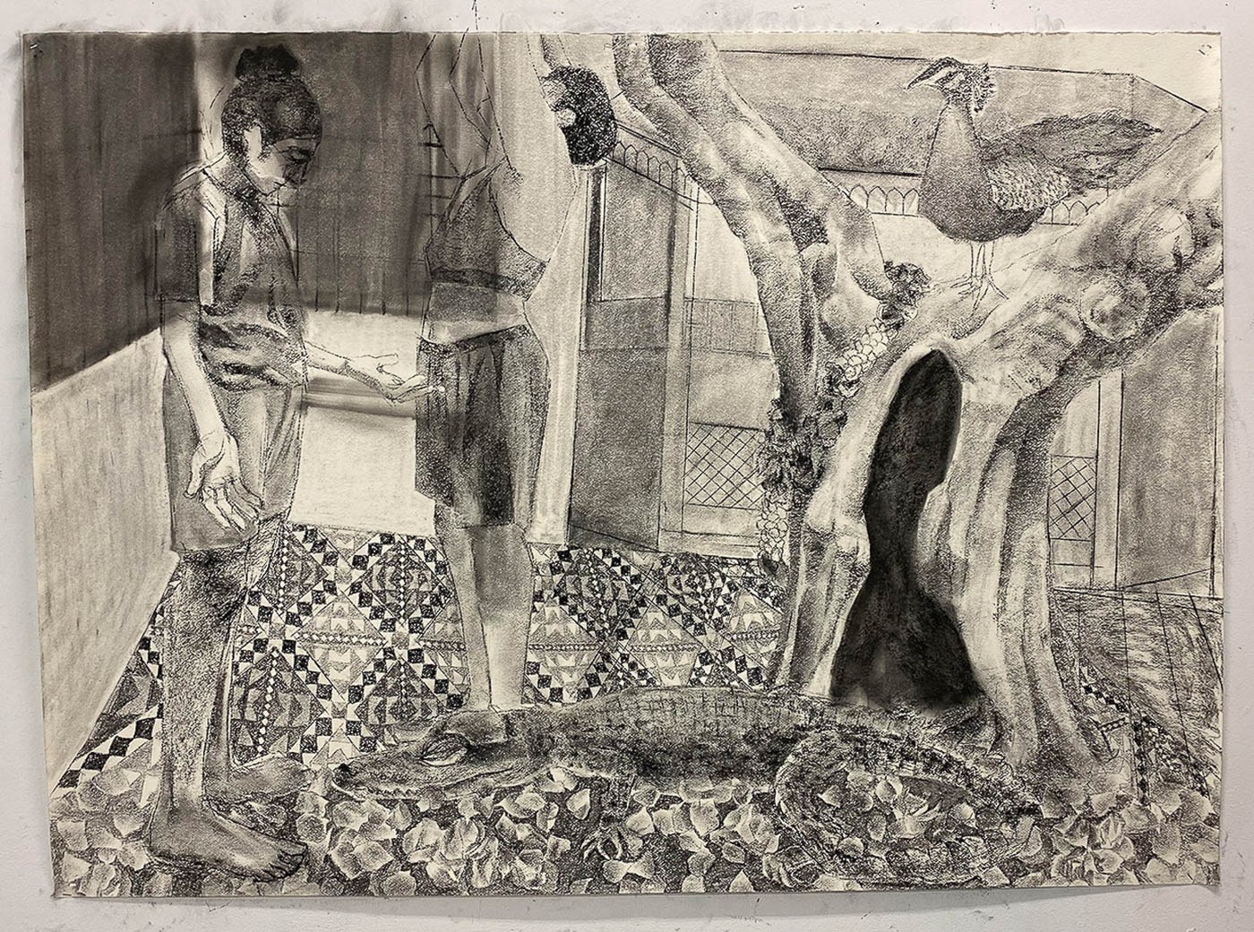 a charcoal drawing of two figures and a crocodile on a patio
