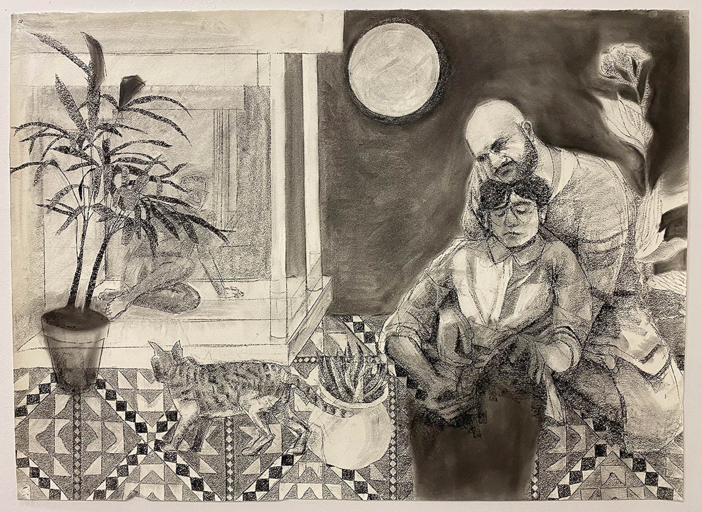 a charcoal drawing of two figures on an outdoor patio