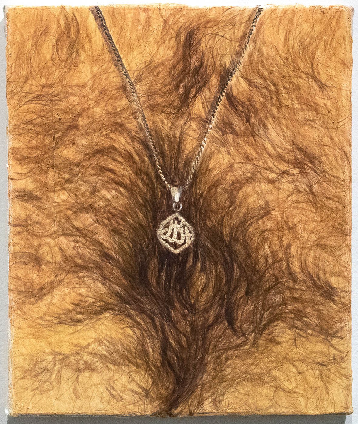 a painting of a necklace on a chest with hair