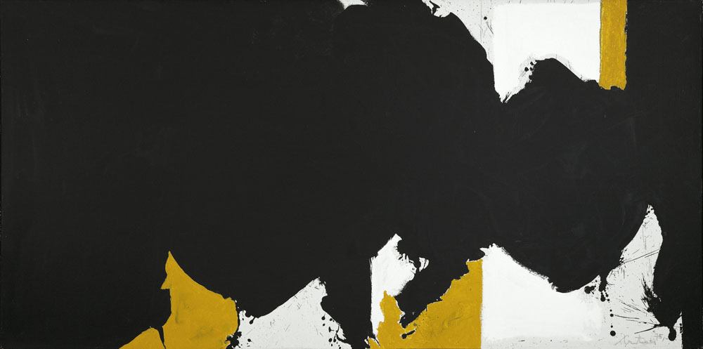 An abstract painting featuring a large irregular black shape on a background of white and ochre sections